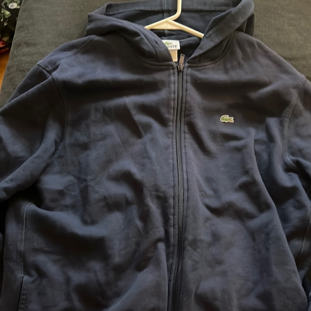 Lacoste Full Zip Up Hoodie size Large Navy missing hood strings